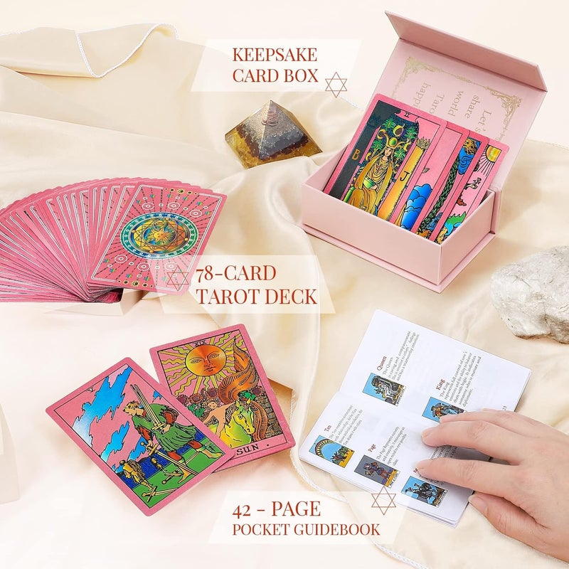 LYINGFISH Tarot Cards for Beginners Pink Tarot Cards with Guide Book Gold Foil with Meanings on Them 78 Classic Origina Waterproof Rider Waite Taro Deck Fortune Telling Game（Pink） - Image 3